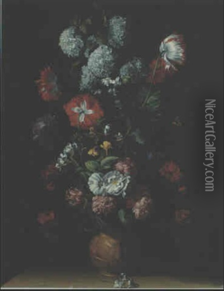 Chrysanthemes, Coquelicots Et Roses Dans Une Urne Sculptee  Avec Deux Papillons Et Des Bougeons, Sur Un Rebord Oil Painting - Jean-Michel Picart