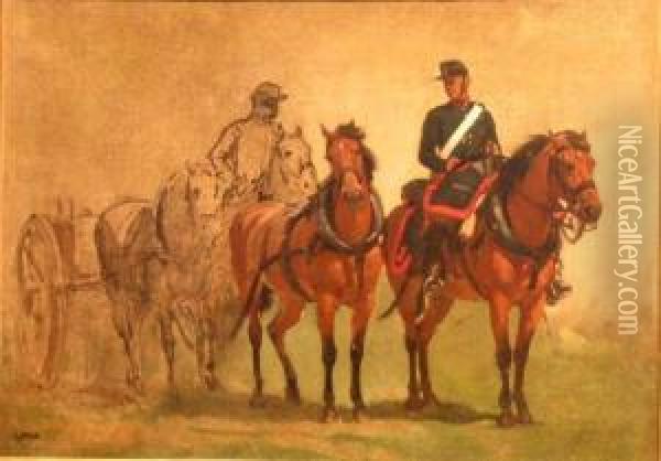 Two Artillery Officers On Horseback Followed By Artillery Caisson,an Unfinished Study Oil Painting - Isidore Alexandre Augustin Pils