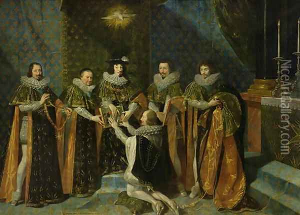 Louis XIII (1601-43) Receiving Henri d'Orleans (1595-1663) Duc de Longueville, into the Order of the Saint Esprit, 1633 Oil Painting - Philippe de Champaigne