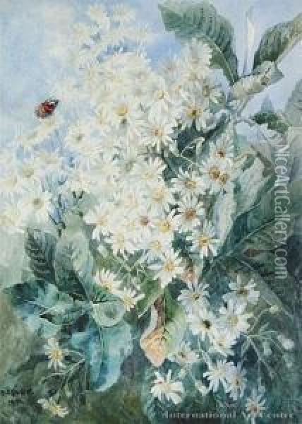 White Daisies And Butterfly Oil Painting - Margaret Olrog Stoddart