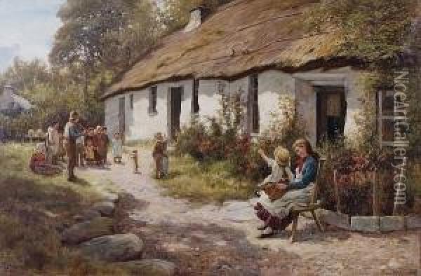 Young Woman And Child Seated Before A Thatched Cottage, With Musician Playing To A Group Of Children And A Dog, 1885 Oil Painting - James Smith Morland