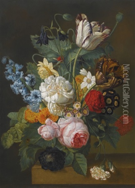 Still Life Of Flowers, Including Roses, Tulips And A Hyacinth, On A Ledge Oil Painting - Gerard Van Spaendonck