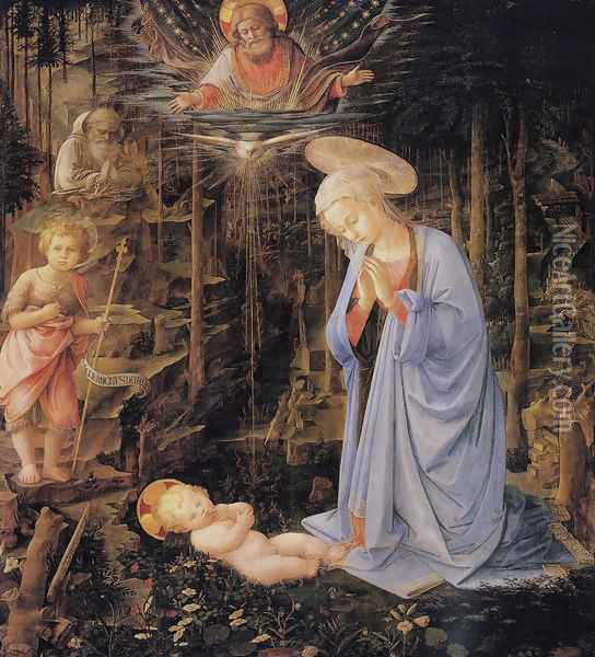 The Adoration with the Infant St. John the Baptist and St. Bernard Oil Painting - Filippino Lippi
