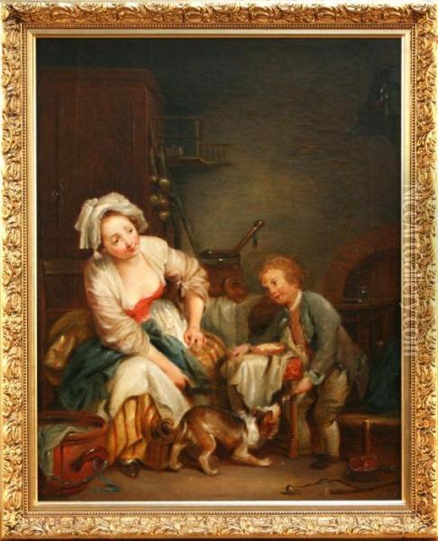 French Kitchen Interior With A Lady Seated Near A Young Boy Feeding A Spaniel Oil Painting - Jean Baptiste Greuze