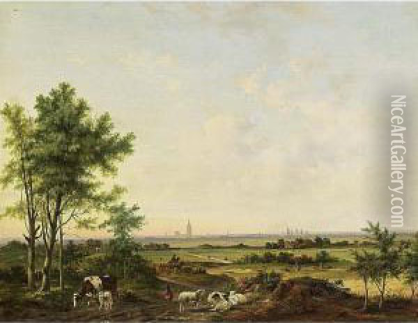 An Extensive Landscape With A Shepherd And His Flock Oil Painting - Carl Eduard Ahrendts