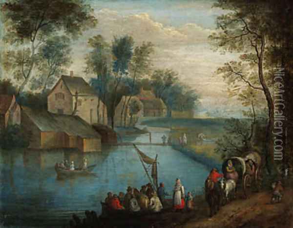 A river landscape with travellers on a path and peasants boating, a village beyond Oil Painting - Theobald Michau