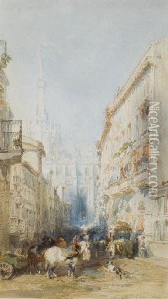 Vue Du Dome De La Cathedrale De Milan Depuis Une Ruelle, Des Caleches Au Premier Plan Oil Painting - Felix Ziem