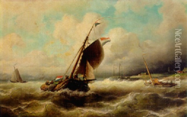 A Dutch Fishing Smack And Other Vessels Off The Coast Oil Painting - Nicolaas Riegen