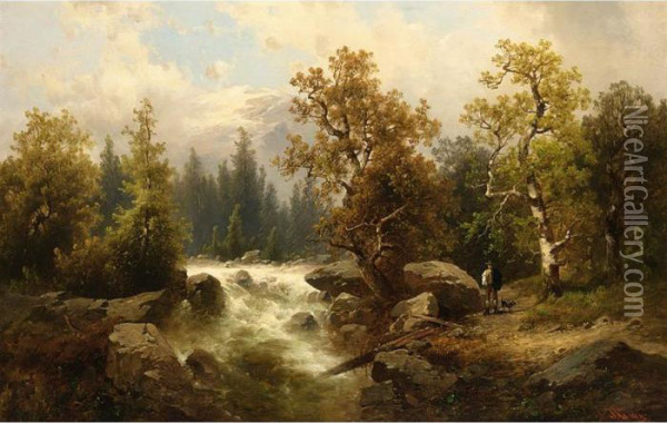 A Mountainous Landscape With A Traveller Near A Torrent Oil Painting - Josef Thoma