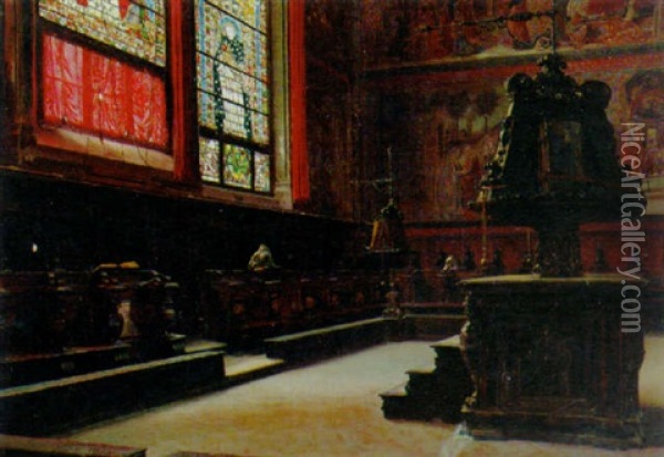 Praying In The Pews Oil Painting - Domenico Pesenti