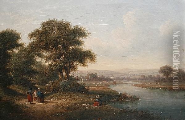 Travellers On A Riverside Path; Figures By A Pond Oil Painting - Walter Williams