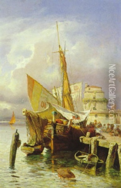 Fischerboot Im Sudlichen Hafen Oil Painting - Adolf Kaufmann