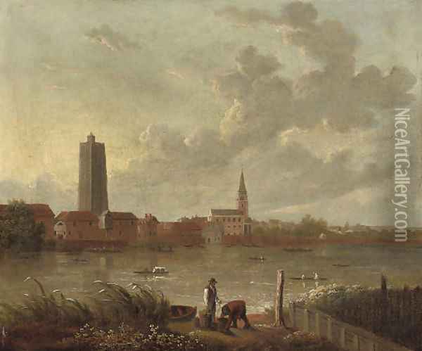 A view on the Thames at Battersea Reach, with Battersea mill and St. Mary's Church to the right Oil Painting - English School