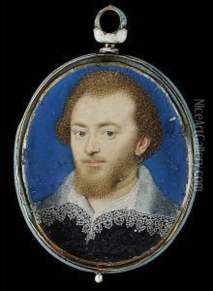 A Gentleman, Traditionally 
Called Robert Devereux, 2nd Earl Of Essex (1566-1601), Wearing Slashed 
Black Doublet, White Lawn Collar With Lace Border And Gold Hoop Earring,
 Blue Background, Gold Border Oil Painting - Isaac Oliver
