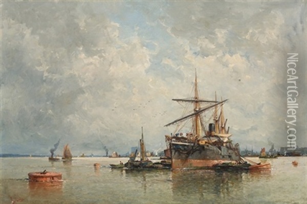 Barcos En La Bahia Oil Painting - Raphael Monleon y Torres