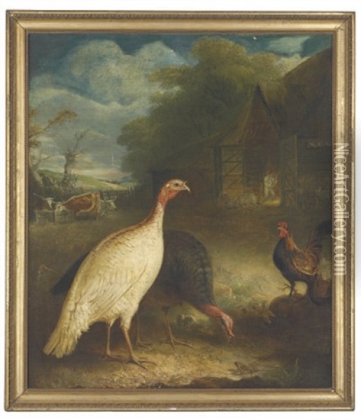 Poultry And Cattle In A Farmyard At Twilight Oil Painting - John E. Ferneley
