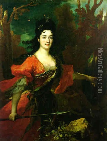 Portrait Of Jeanne-marie De Sacconin De Pravieux, Wife Of Francois Du Lieu, Seigneur De Chenevoux, As Diana Oil Painting - Nicolas de Largilliere