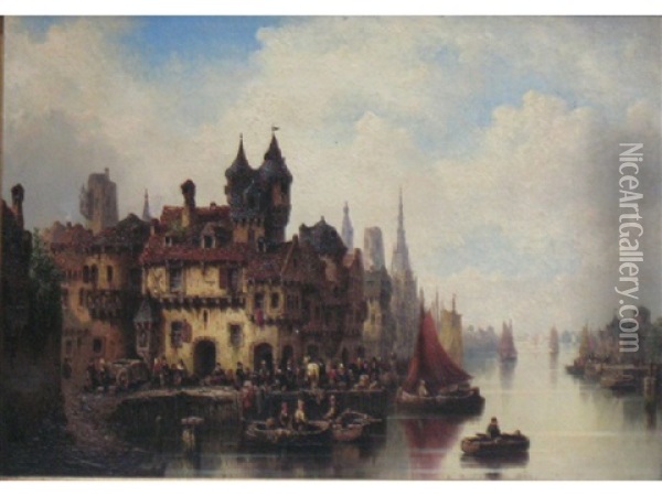 A Continental Port With Numerous Figures And Boats Oil Painting - Ludwig Hermann