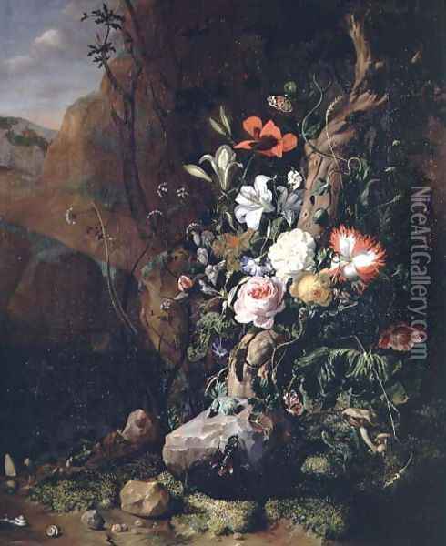 Treetrunk, flowers and butterflies Oil Painting - Rachel Ruysch