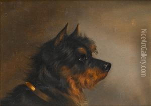 A Black And Tan Terrier And A White Terrier Oil Painting - Edwin Loder