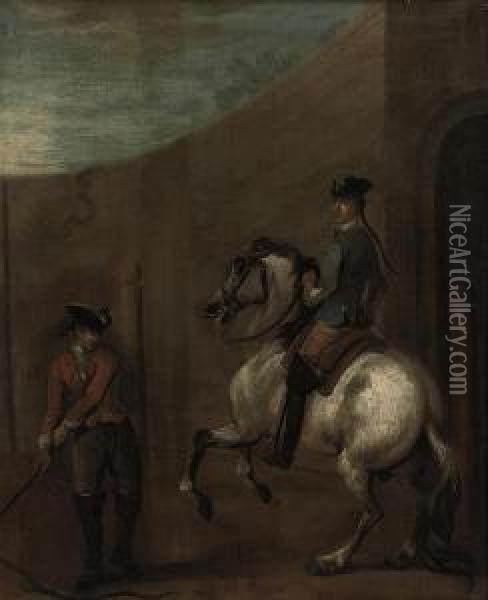 A Gentleman On A Grey Charger Being Schooled In An Arena Oil Painting - John Vanderbank