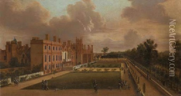 View Of St. James's Palace And The Gardens, From The South-west With Figures Promenading Oil Painting - Hendrick Danckerts