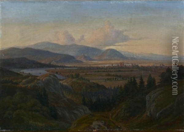 Weiter Blick Uber Die Wachau Sowie Einer Stadt Auf Die Berge Oil Painting - Johann Hermann Carmiencke