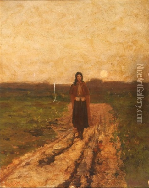 Woman Walking Down A Country Lane At Sunset And Portrait Of A Woman In Profile : A Double-sided Work Oil Painting - George F. Fuller