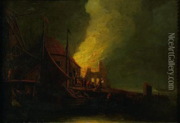 Incendie De Nuit Dans Un Port Oil Painting - Egbert van der Poel
