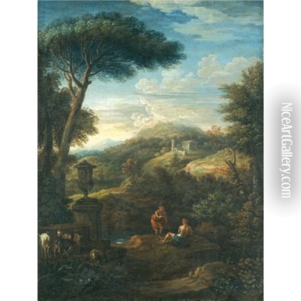 An Italianate Landscape With Shepherds Resting With Their Flock By A Stream Oil Painting - Jan Frans van Bloemen