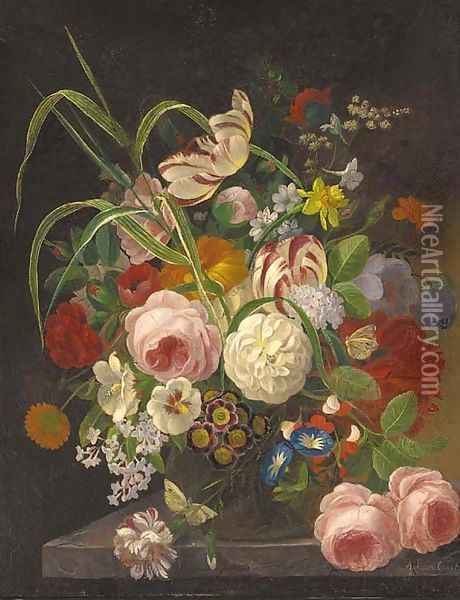 Peonies, tulips and other summer flowers in a glass vase on a stone ledge Oil Painting - F. van Geit