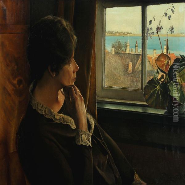 Interior With Woman 
Contemplating The View Over Sankt Jorgensbjerg And The Fjord Of Roskilde Oil Painting - Laurits Andersen Ring