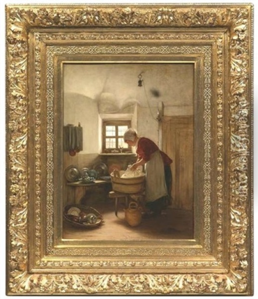 Kucheninterieur Mit Einer Spulenden Magd Am Fenster Oil Painting - Gustav Laeverenz