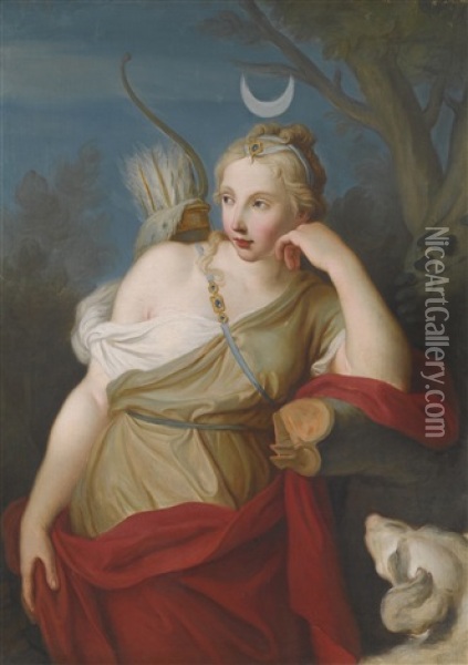 Diana, Goddess Of The Hunt, Leaning Against A Tree Oil Painting - Pietro Antonio Rotari