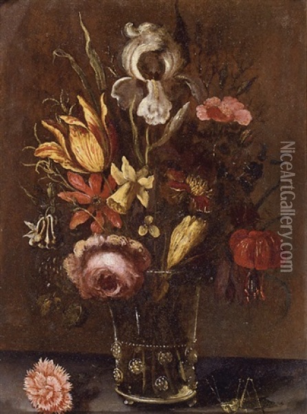Still Life With An Iris, A Tulip, A Rose And Other Flowers In A Glass Vase, Resting On A Ledge With A Grasshopper Oil Painting - Balthasar Van Der Ast