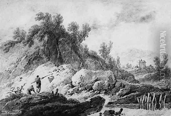 A Landscape with Fishermen by a River; and A Peasant with a Cow and a Sheep resting by a delapidated Tower, a bridge and mountains beyond Oil Painting - Jean-Baptiste Pillement