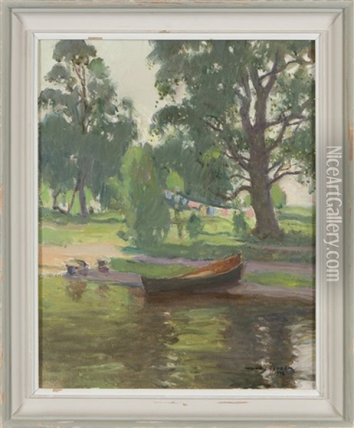 Rowboat At Shore Oil Painting - Vilho Sjoestroem