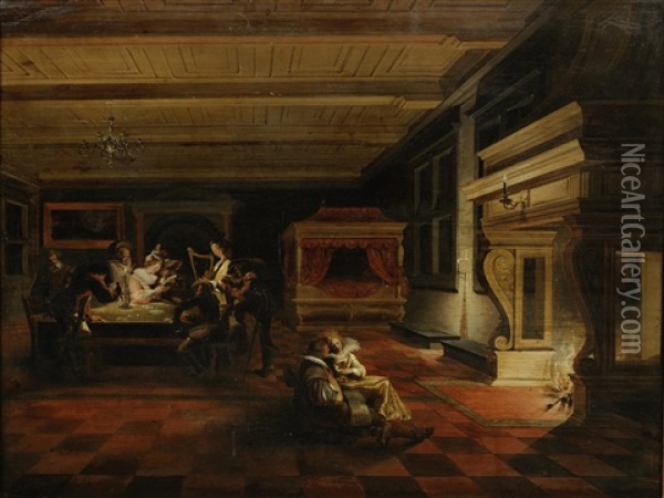 Elegant Figures Making Music And Reading In A Palace Interior Oil Painting - Dirck Van Delen