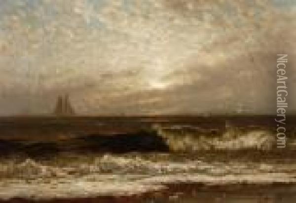 Coastal View With Distant Sailboats Under An Atmospheric Sky Oil Painting - Alfred Thompson Bricher