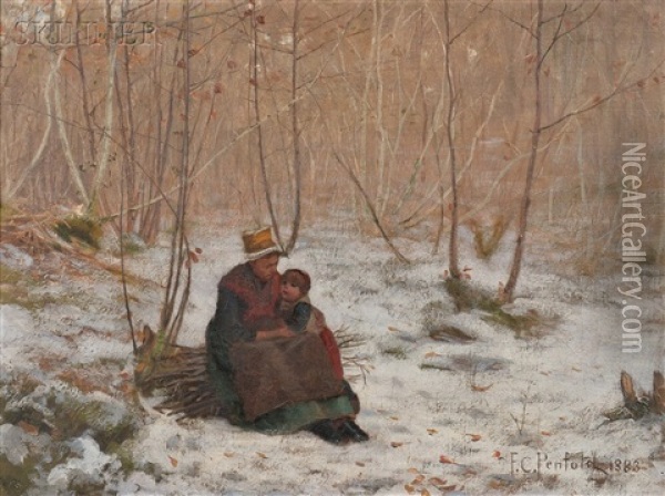 Mother And Child Seated On A Bundle Of Sticks In A Winter Wood Oil Painting - Frank C. Penfold