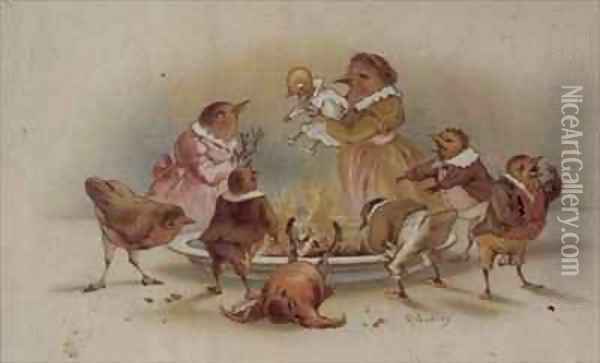Bird Family Victorian Christmas card Oil Painting - R. Dudley