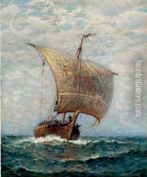A Viking Ship At Sea Oil Painting - James Gale Tyler