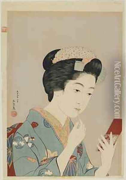 Woman Applying Lip Rouge Taisho era Oil Painting - Goyo Hashiguchi