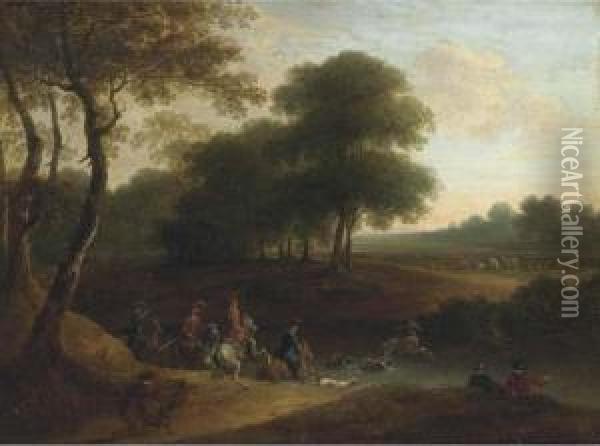 A Stag Hunt In A Wooded Landscape Oil Painting - Lazare Bruandet