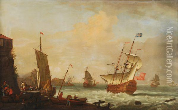 An English Flagship Off A Port Oil Painting - Tobias Stranover