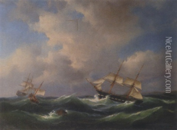 Sailing Vessels On A Rough Sea Oil Painting - Govert Van Emmerik