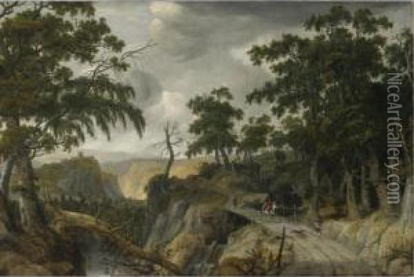 A Rocky Wooded River Landscape With Travelers Along A Path Oil Painting - Jan Looten