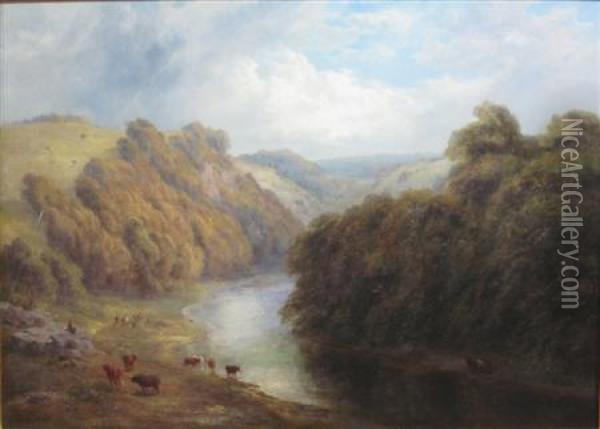 River Landscape With Cattle Grazing Oil Painting - Edward Hargitt