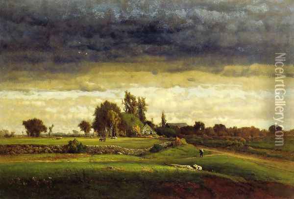 Landscape with Farmhouse Oil Painting - George Inness