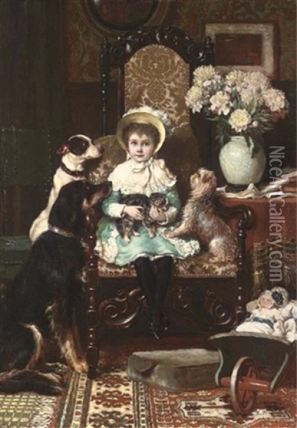 Doddy And Her Pets, A Portrait Of The Daughter Of J. Rolls Hoare Oil Painting - Charles Trevor Garland